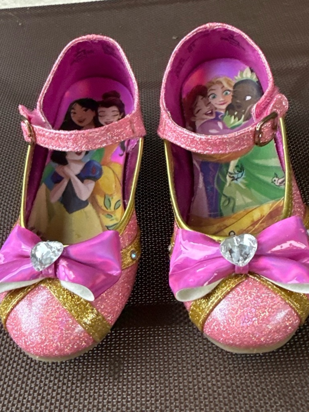 Disney Pink Glitter Girls' Mary Janes with Gold Accents and Bow